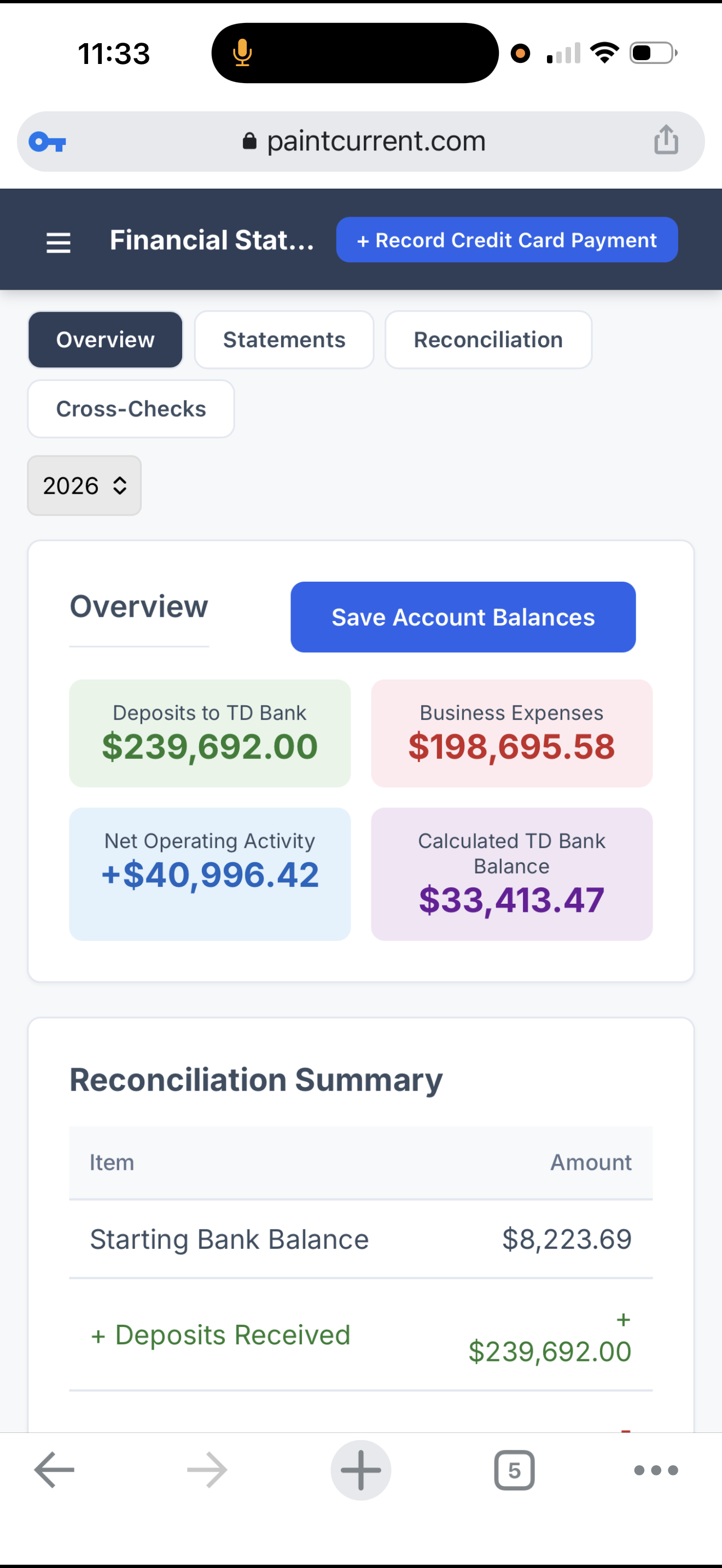 PaintCurrent Reconciliation Summary — deposits, expenses, net operating activity, bank balance