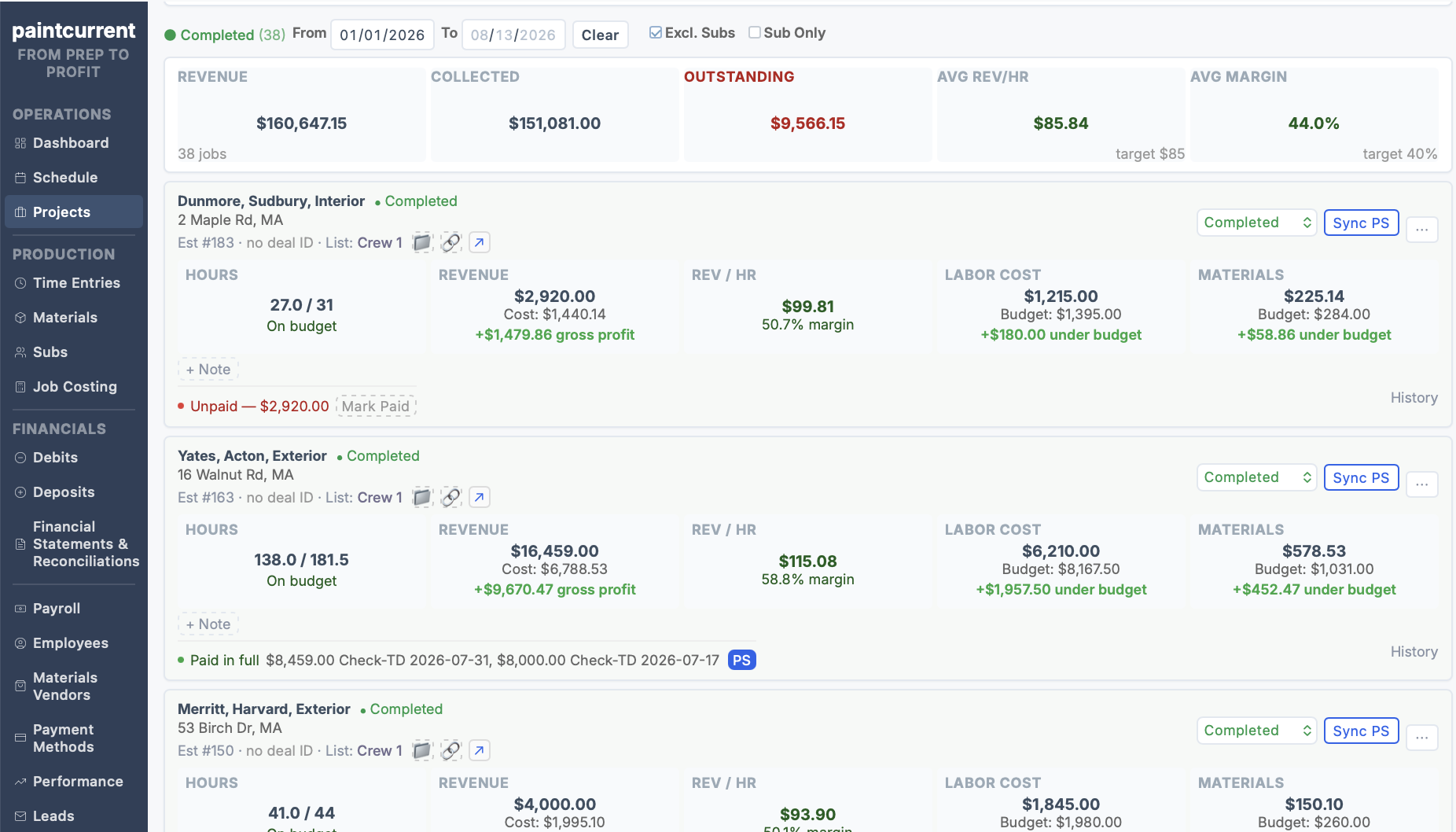 PaintCurrent completed jobs — revenue, collected, outstanding, and per-project margins