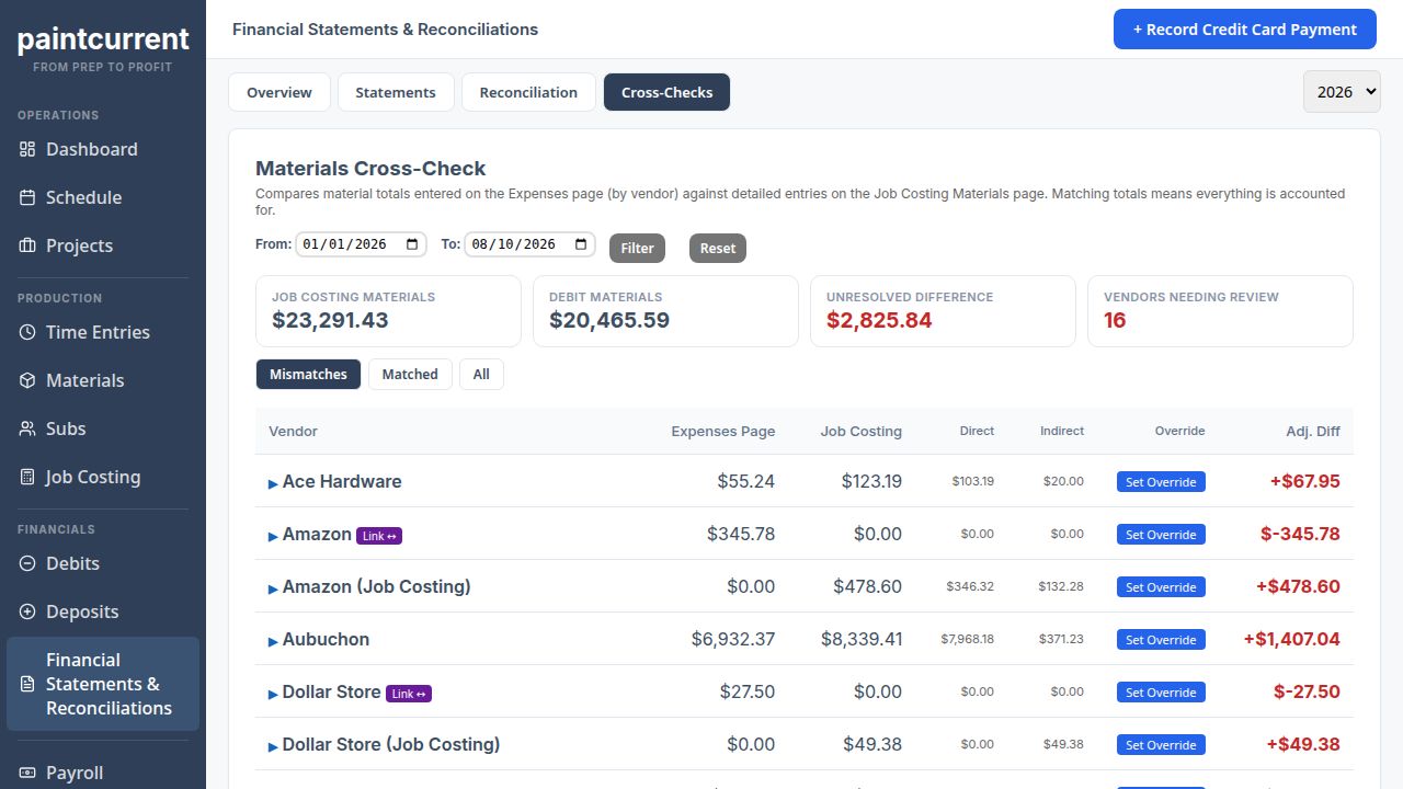 PaintCurrent materials cross-check flagging an unresolved difference between job costing materials and vendor records