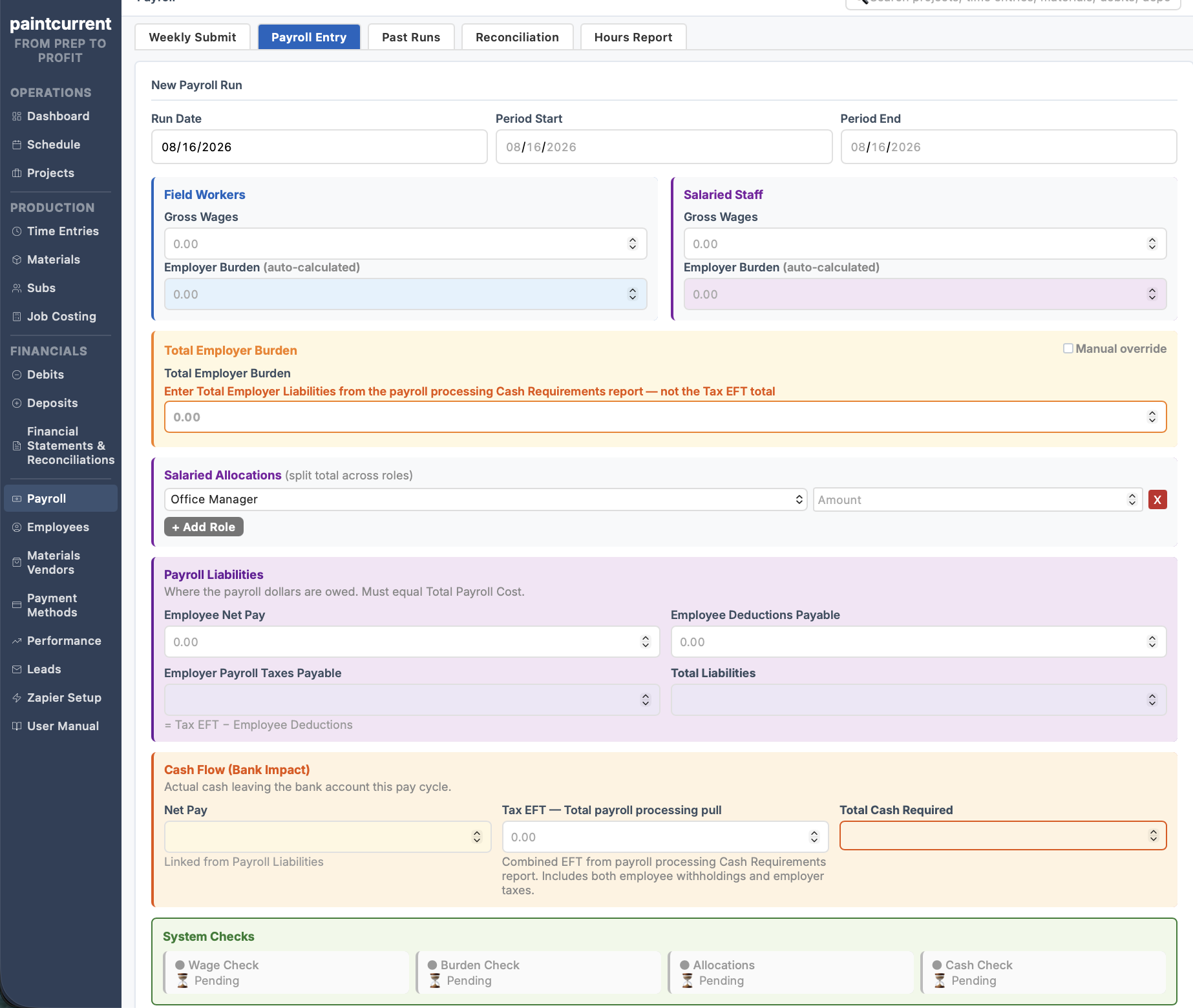 PaintCurrent payroll entry view